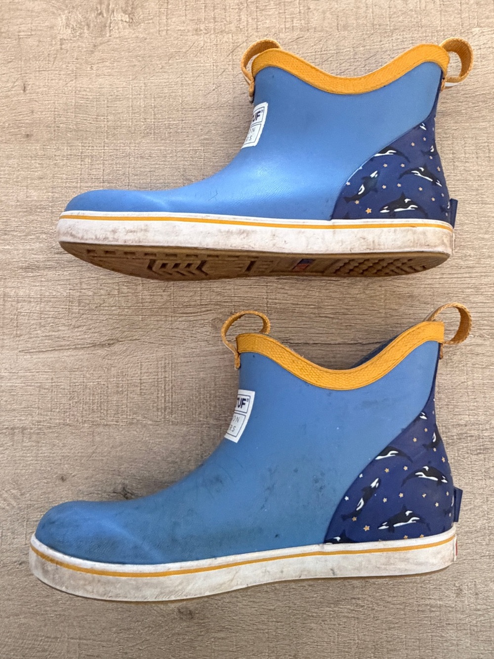 Kids Blue and Yellow Rain Boots with Whale Print - xtratuf youth size 3